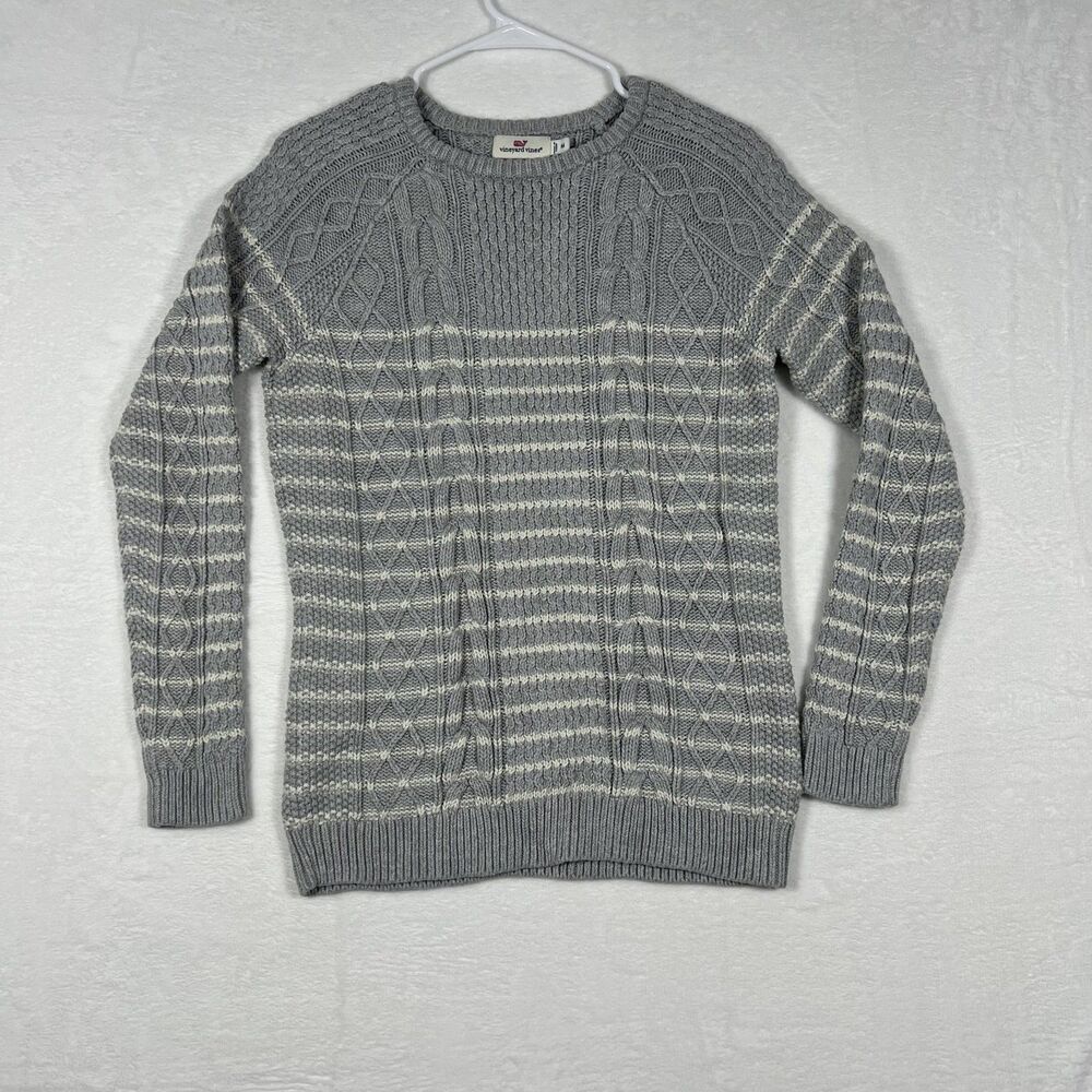 Vineyard Vines Women's Cable Knit Sweater M Gray Striped 100% Cotton Crewneck
